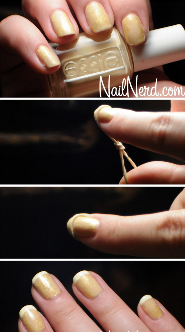 Rubber Band French Tip Manicure. 