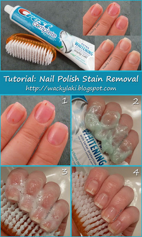 Toothpaste Nail Polish Stain Removal. If your nails are discolored, use toothpaste to get them stainless. 