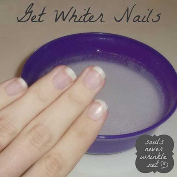 Whiten Your Nails after Removing a Dark Polish. Soak your nails in the mixture of hot water, hydrogen peroxide, and baking soda for about a minute. 