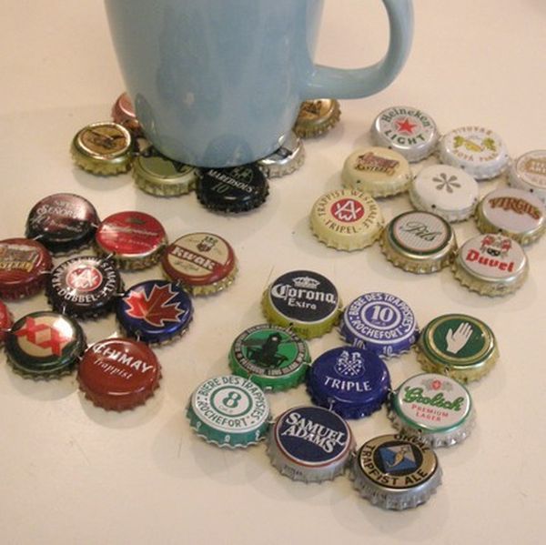 Bottle Cap Coasters. These simple beer bottle top coasters add homemade touch to your table. You can arrange them according to any criteria you want, like color or size. 