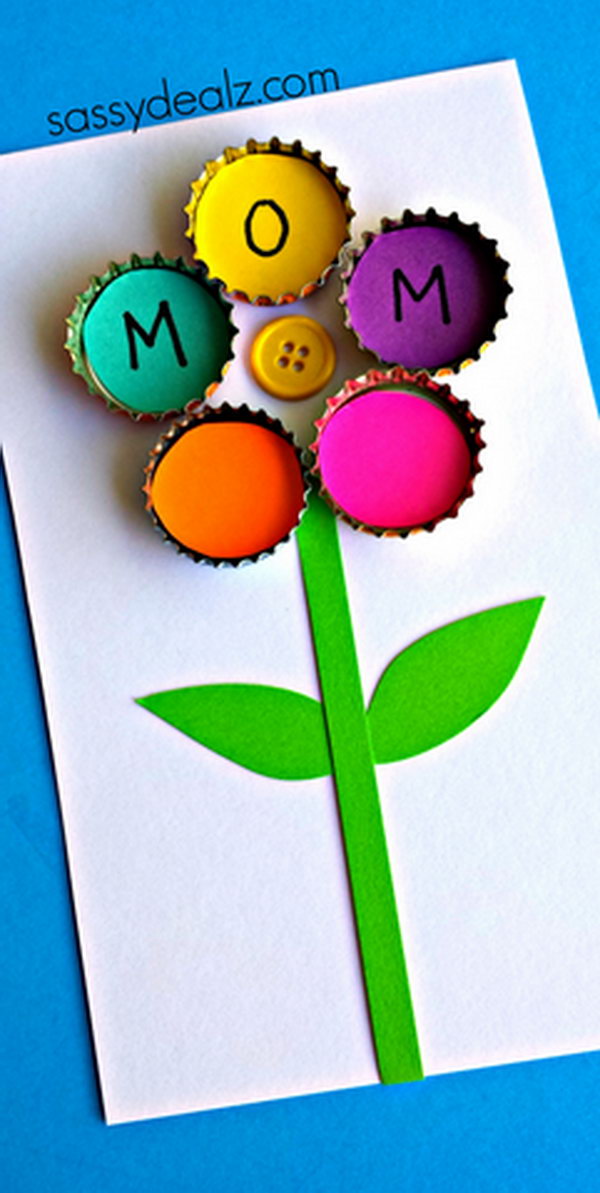 Bottle Cap Flower Craft for Kids. This is a cute and great idea for a homemade Mother’s Day gift. See how to make it 