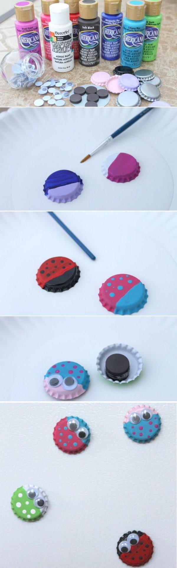 Bug Magnets from Bottle Caps. What an easy and fun craft idea for your kids. Grab a few bottle caps and some paint to get started with the tutorial 