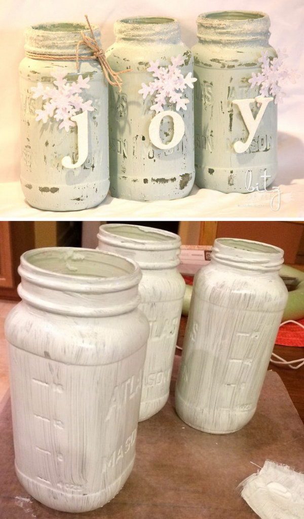 Painted Snowy Mason Jars. 