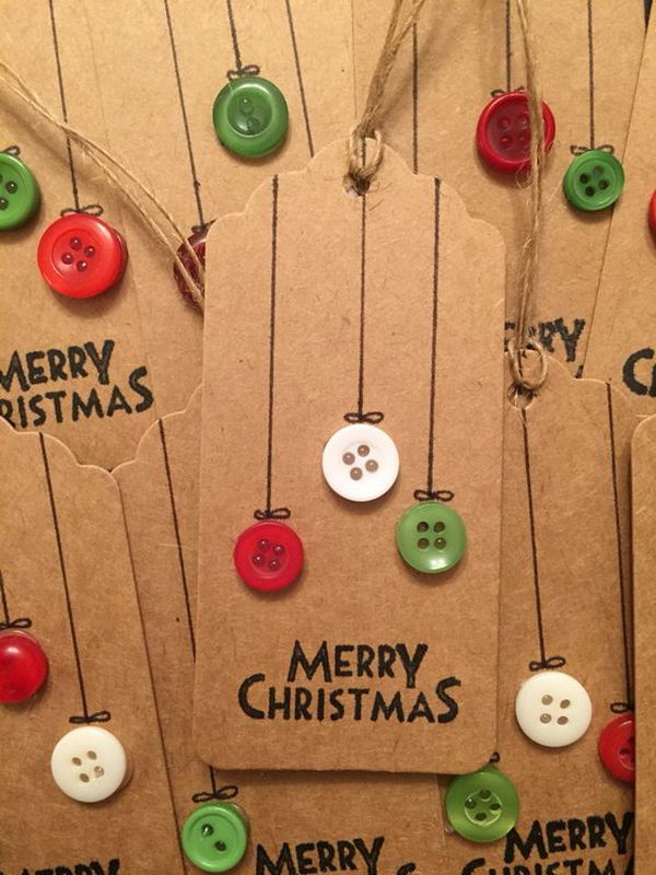 Christmas Gift Tags Made Out of Brown Paper and Buttons. 