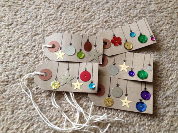 Cute Christmas Tags Made Out of Sequins, Buttons and Other Embellishments. 