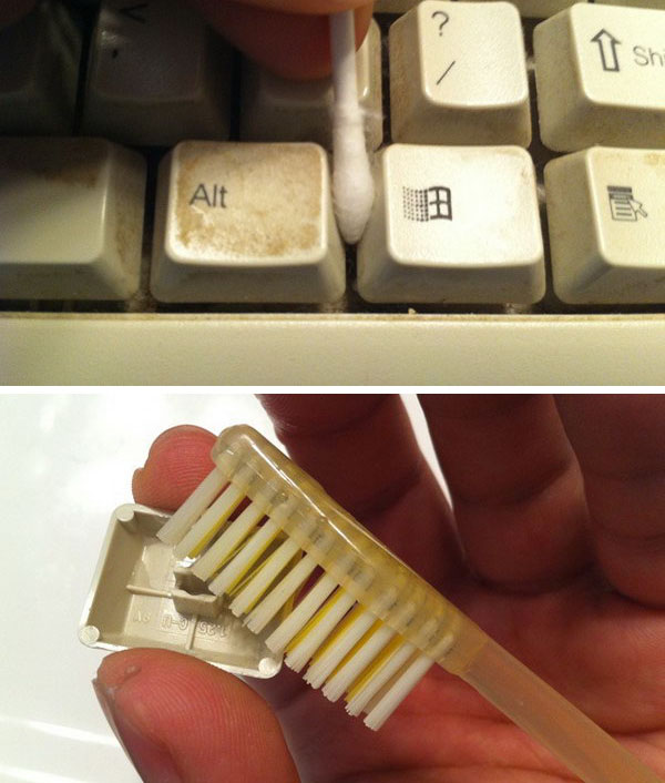 Clean Keyboards With Old Toothbrushes And Wet Cotton Swabs 