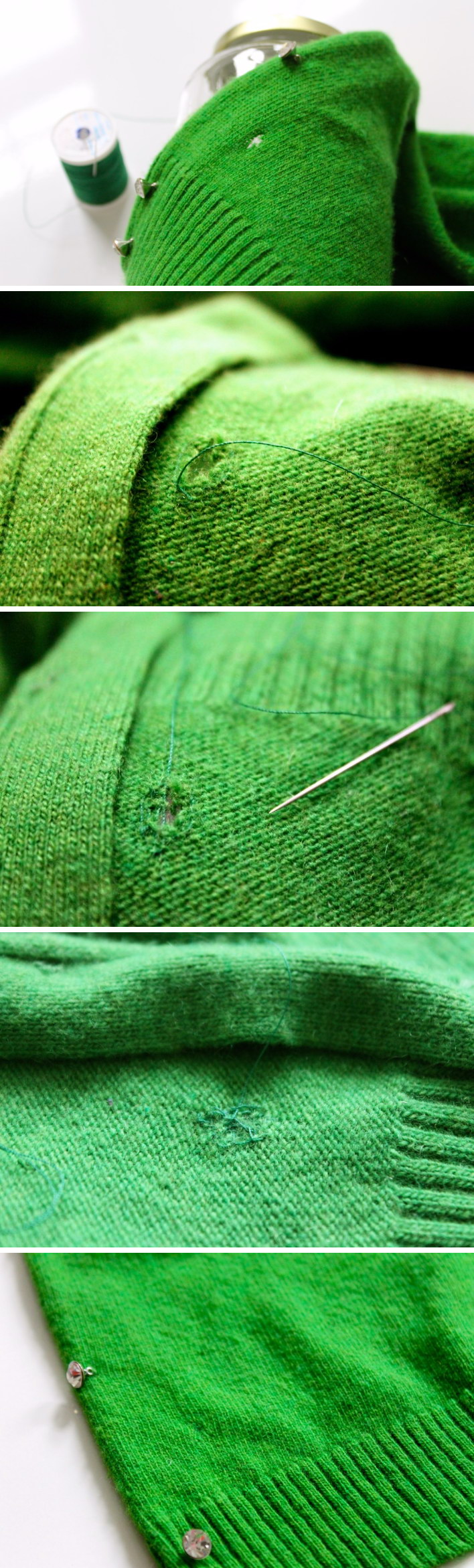 Fix a Hole in a Woolen Sweater with Thread Using Vertical Stitches. 