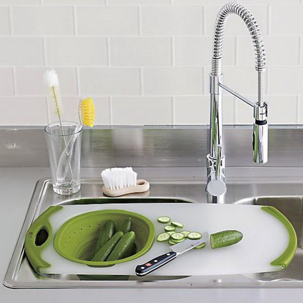 Over-the-Sink Cutting Board.  A cool kitchen gadget for a small kitchen that doesn't have a lot of counter space. It helps you create a space where you actually enjoy cooking. Get it at 