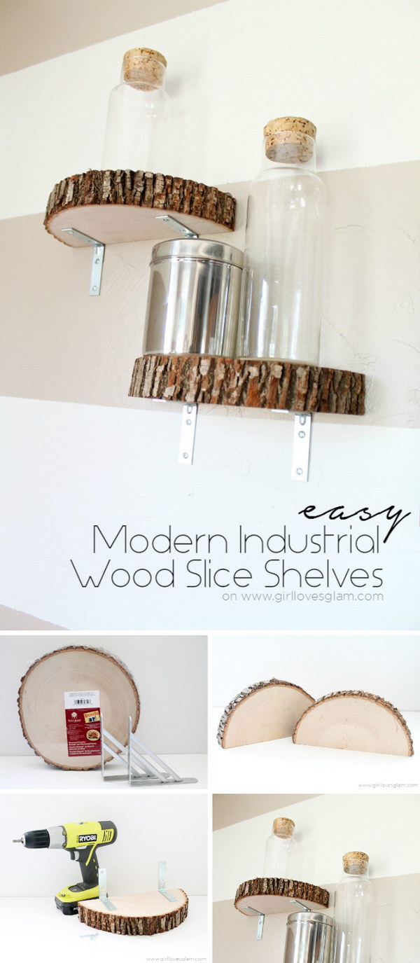 Modern Industrial Wood Slice Shelf. 