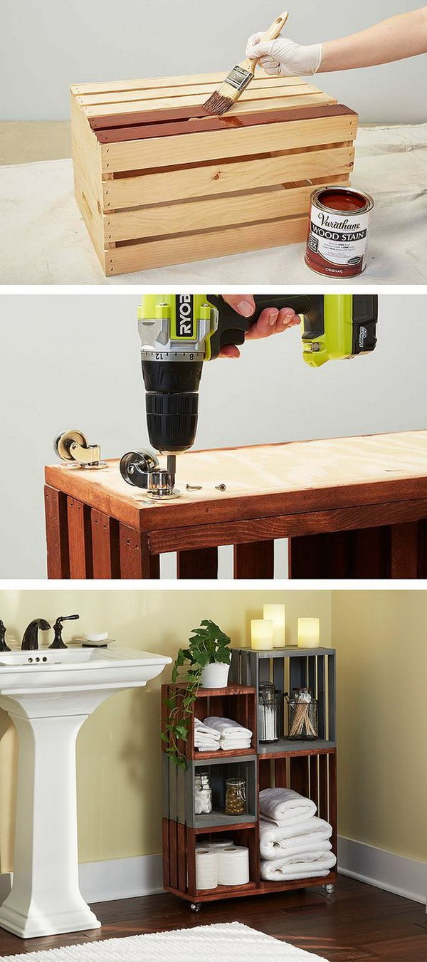 DIY Bathroom Storage Shelves Made From Wooden Crates. 