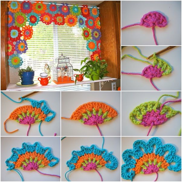 DIY Beautiful Crochet Flower Power Valance. The crochet pattern is easy to follow and works up pretty fast. Tutorial via