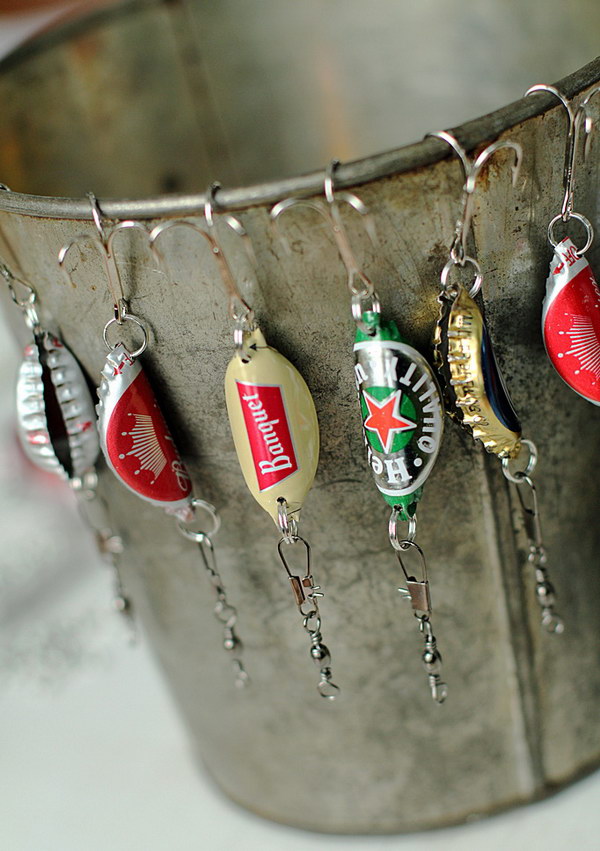 Bottle Cap Fishing Lures for Men. These handmade crafts are the perfect gifts for those men who love to fish or drink beer! 