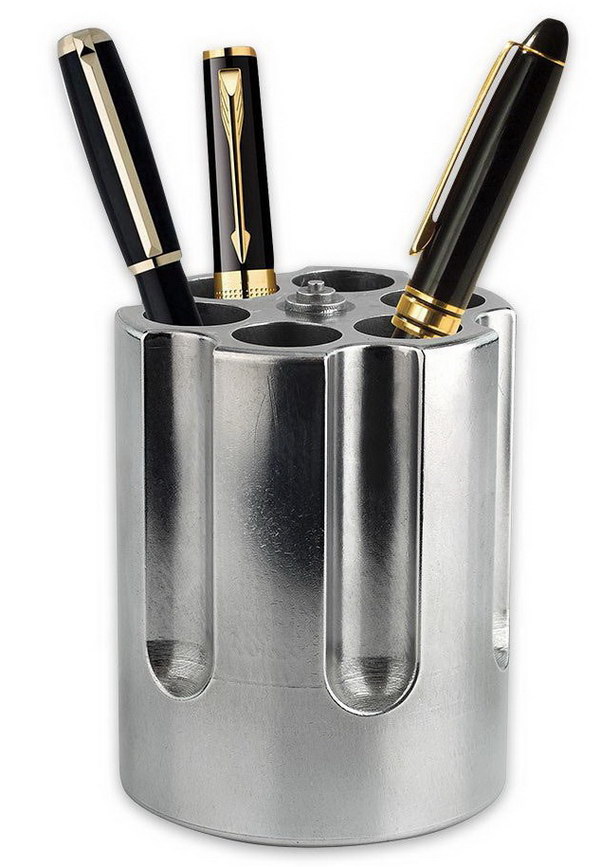 Gun Cylinder Pen Holder. This pen holder is well made and heavy. It looks just like a cylinder from a really big revolver and will be a great gift for gun enthusiasts.