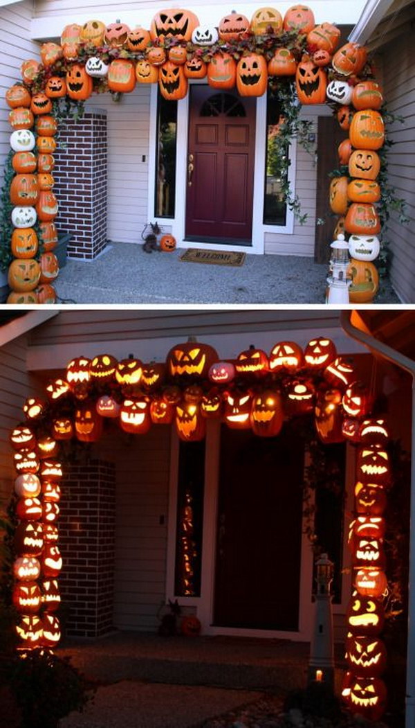 Awesome DIY fall jack o lantern arch made from PVC and foam pumpkins! 