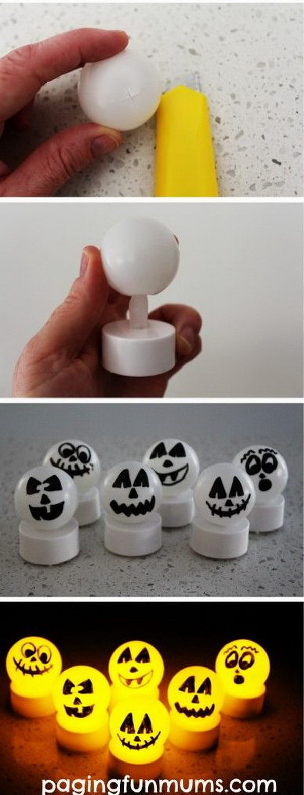 DIY Ping Pong Ball Halloween Tea Lights. 