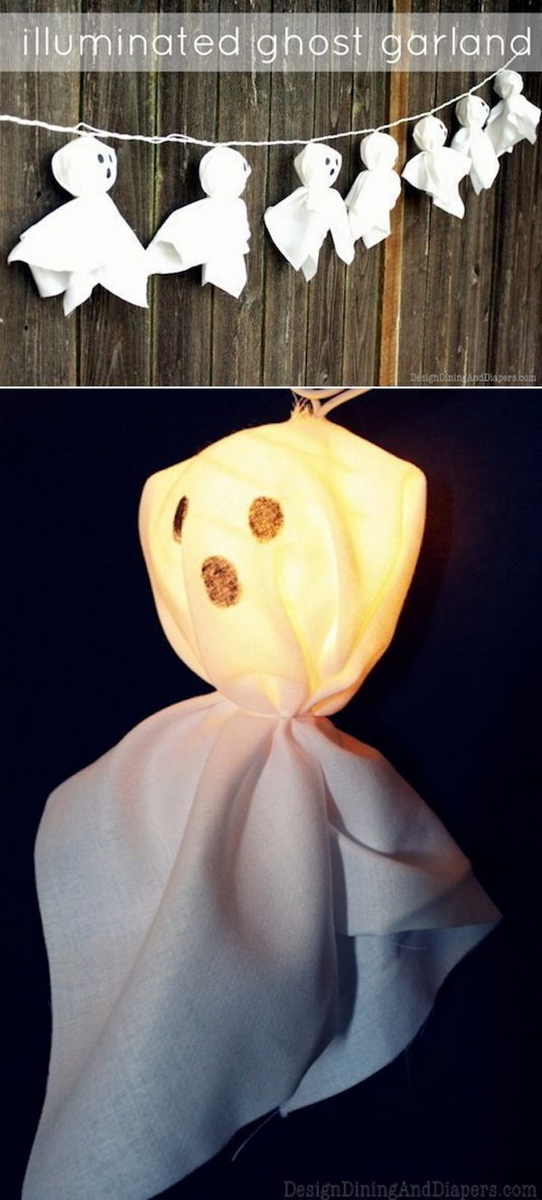 How cute the illuminated ghost garland is! And it is easy to make with the kids!