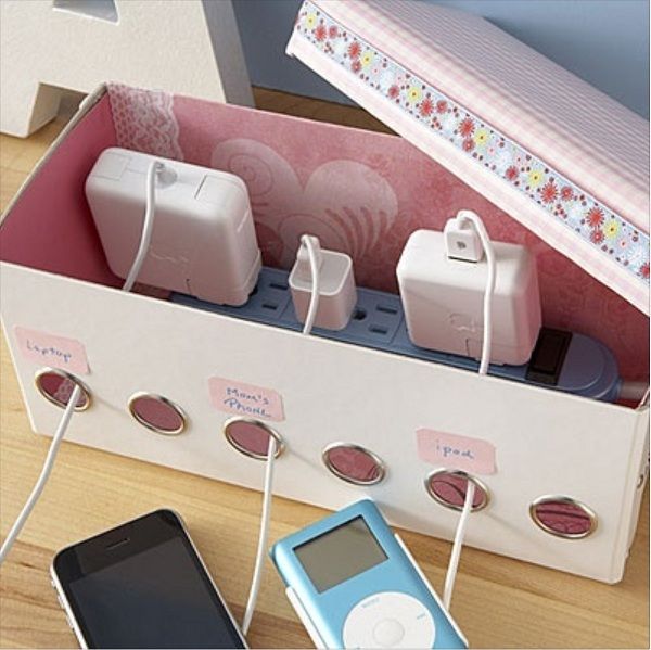 DIY Shoe Box Organizer for Power Strip. 