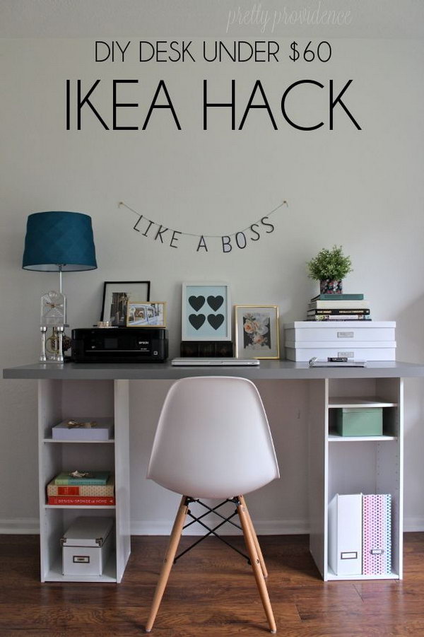 DIY IKEA Hack Desk. Get two small bookshelves from Target ($18 each) and a big butcher block desk top or a counter top from IKEA, then you can create this unique, functional and decorative desk for your home. Read all about it at this very creative blog 