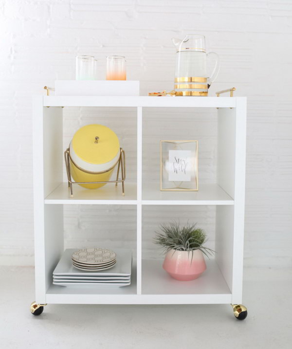 Fabulous Gilded Bar Cart Made from Ikea Kallax Book Shelf. See the tutorial 