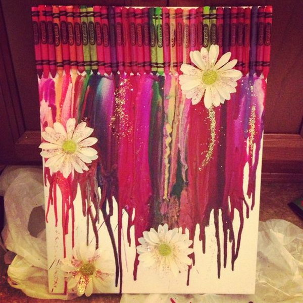 Melted Crayon Art with Flower and Glitter. 