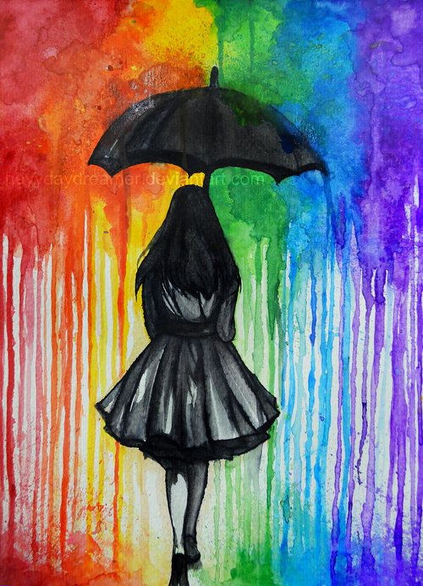 Girl in Rain Melted Crayon Art. 