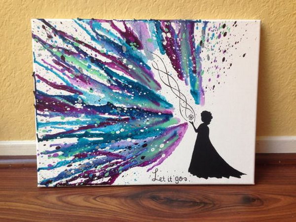 Elsa Silhouette with Let it Go Hand Melted Crayon Art. 