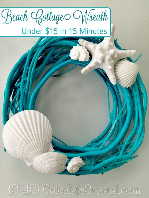 DIY Beach Wreath Made From Spray Painted Branch And Seashell 