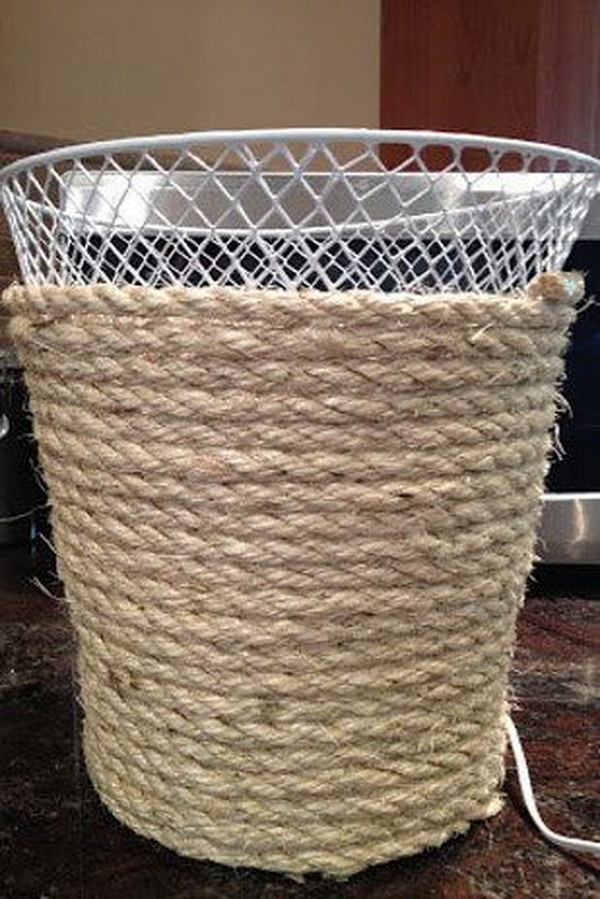 DIY Dollar Store Trash Can Makeover Using Rope. 
