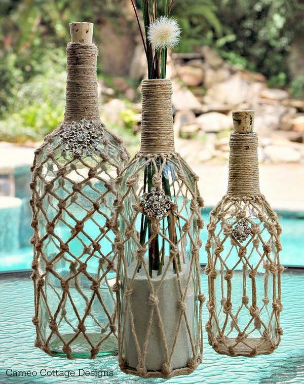 DIY Knotted Jute Net Bottles 