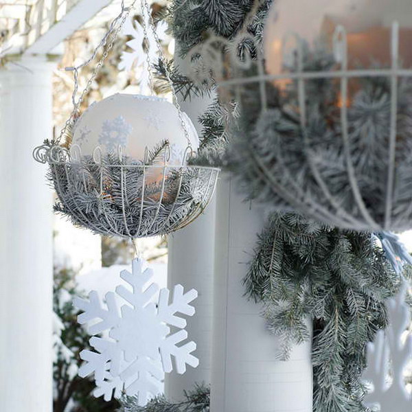 Elegant Hanging Baskets with Frosted Evergreen Branches and Sparkling Accents 
