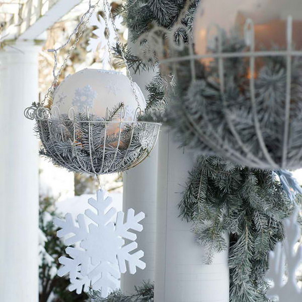  Elegant Hanging Baskets with Frosted Evergreen Branches and Sparkling Accents