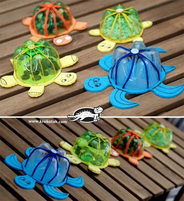 Plastic Bottle Turtle Shell Craft. With only a few easy to find materials, the kids can transform an old plastic bottle into fun turtle banks that's great for pool parties and bath time! Video tutorial via 