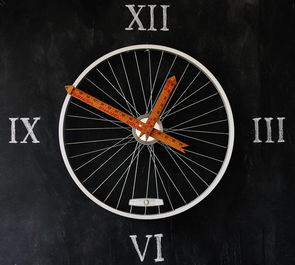 Bicycle Wheel Clock. Yardsticks make the perfect hands on a bicycle wheel clock. It makes a perfect wall art for your home decor. See the tutorial 