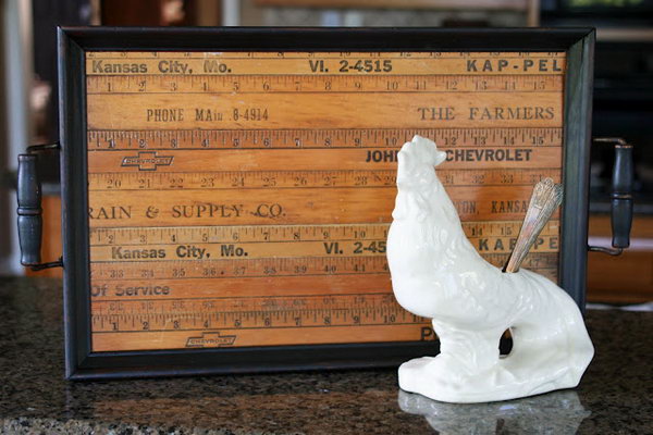 Old Ruler Decorated Tray. Use old meter sticks to turn a tray into a decorative accent in your home! Learn how to make it 
