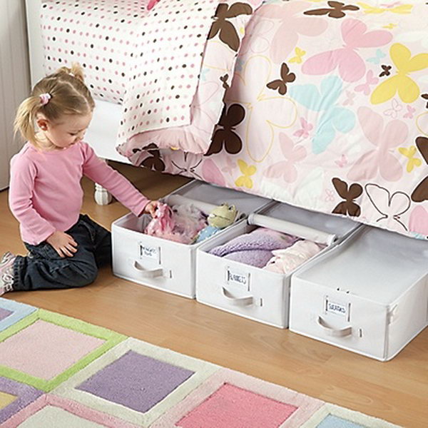 Canvas Totes for Under the Bed Storage. Simply add a few canvas totes or boxes that fit underneath the bed. They will be a great solution to store loads of toys and a great idea for utilizing space that is normally wasted. 