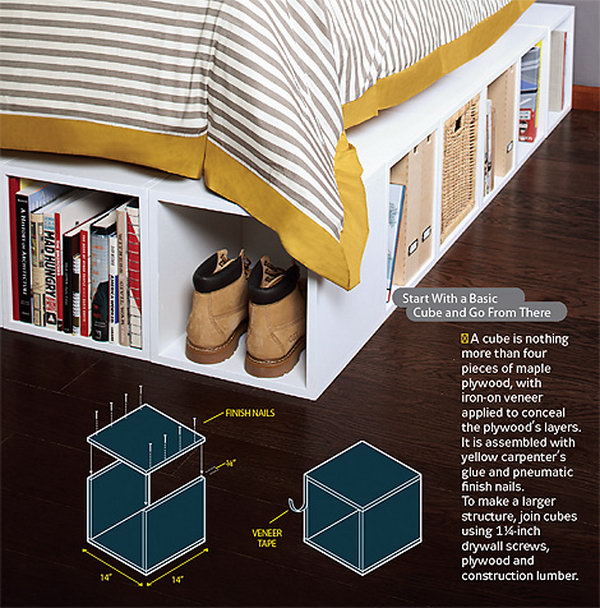 Simple wooden cubes used to make storage spaces, platform beds, and bookshelves under the bed. 