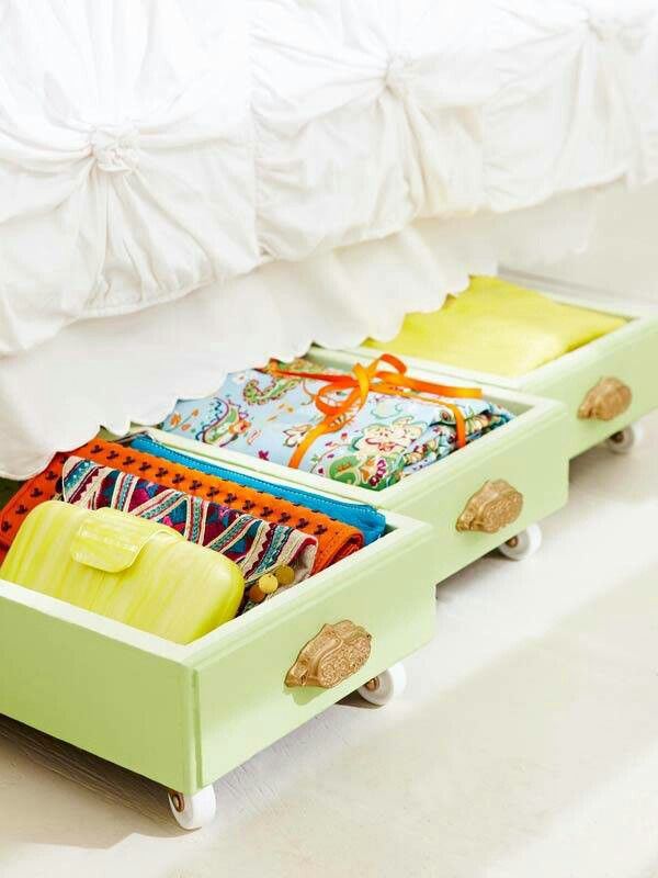 Upcycle old drawers by adding wheels on the bottom, for underbed storage. 