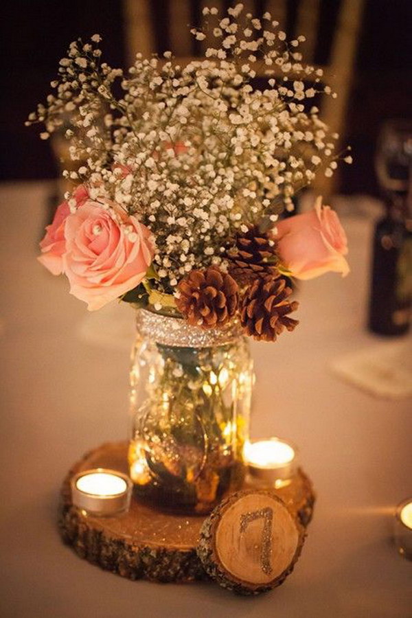 Stunning Rustic Mason Jar Centerpiece With Pine Cones, Candles And Wooden Table Number 