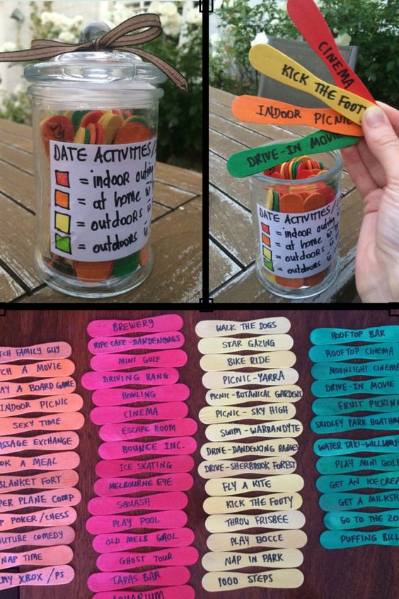 A Jar of Color Coded Date Night Ideas. 