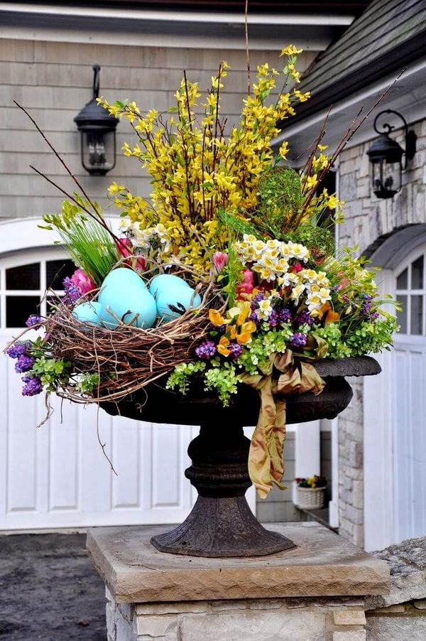 Floral Spring Planter with Bird Nest. 