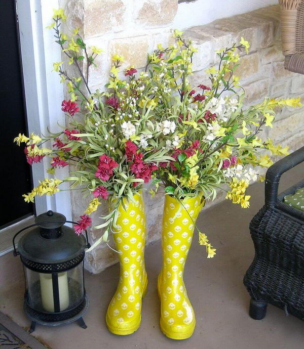 Cute Upcycled Rain Boot Planters. 