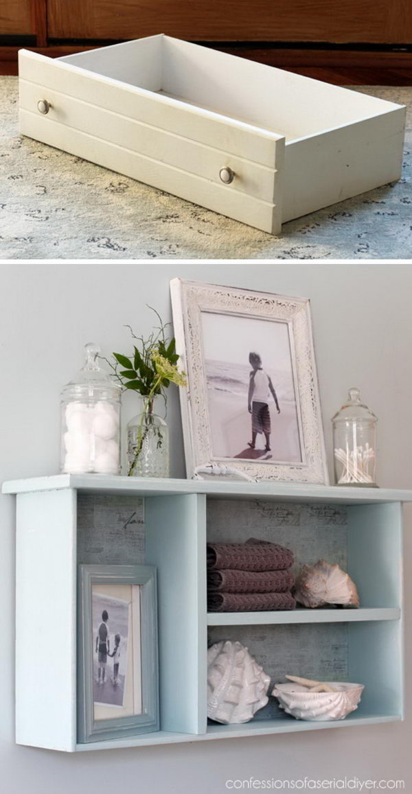 DIY Dresser Drawer Bathroom Shelf. 