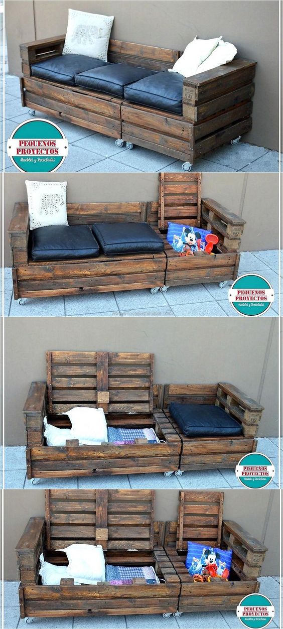 Wood Pallet Outdoor Couch On Wheels With Storage. 