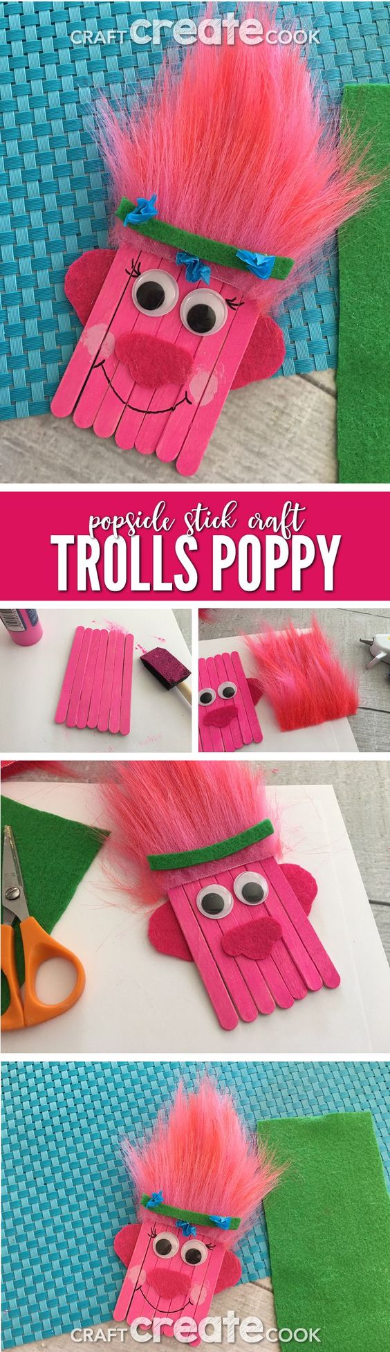 Trolls Poppy Popsicle Stick Craft for Kids. 