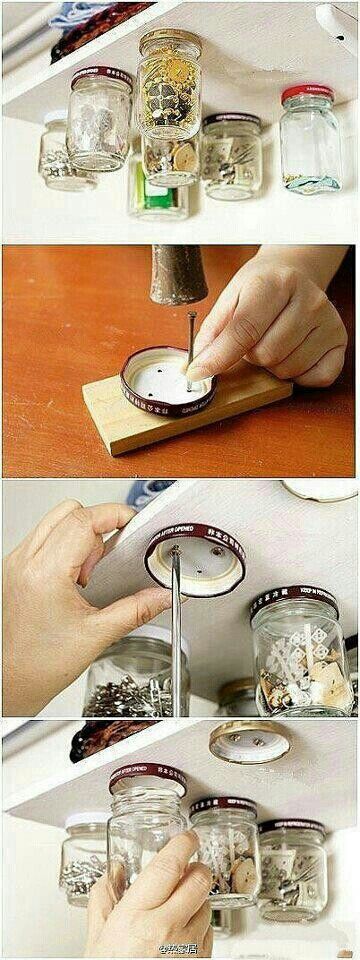 Hang Jars Under Shelves for Screws and Nails Storage. 