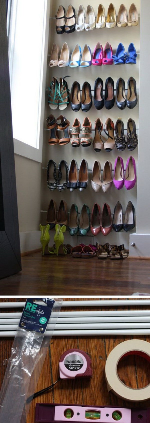 Use Tension Rods for Instant Heels Organization. 