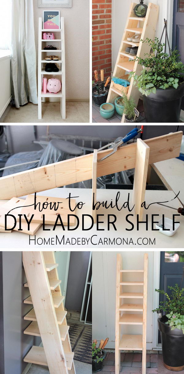 DIY Ladder Shelf Shoe Storage. 